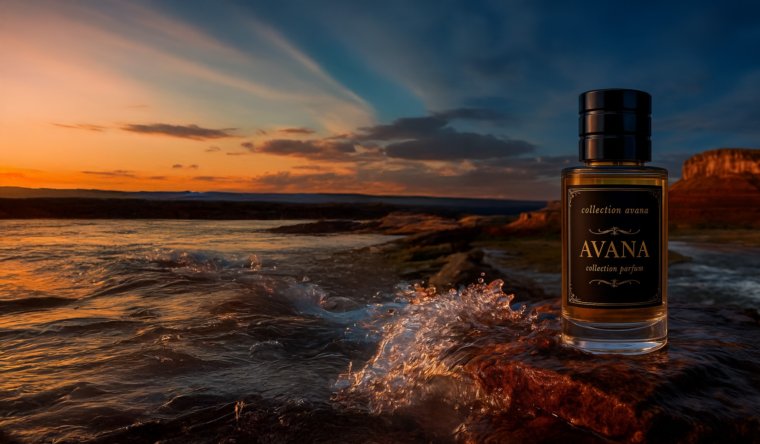 AVANA PARFUM luxury fragrance by the ocean at sunset